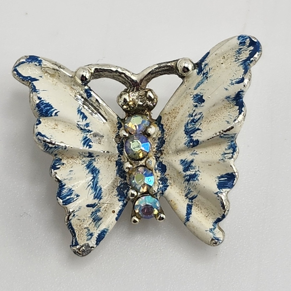Vintage Blue And White Butterfly‎ Brooch Pin With Rhinestones